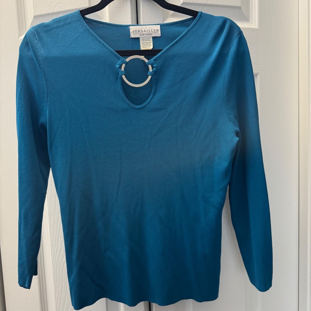 Y2K Versailles New York Teal Ribbed Knit Keyhole Ring Top Teal Blue Size Women M